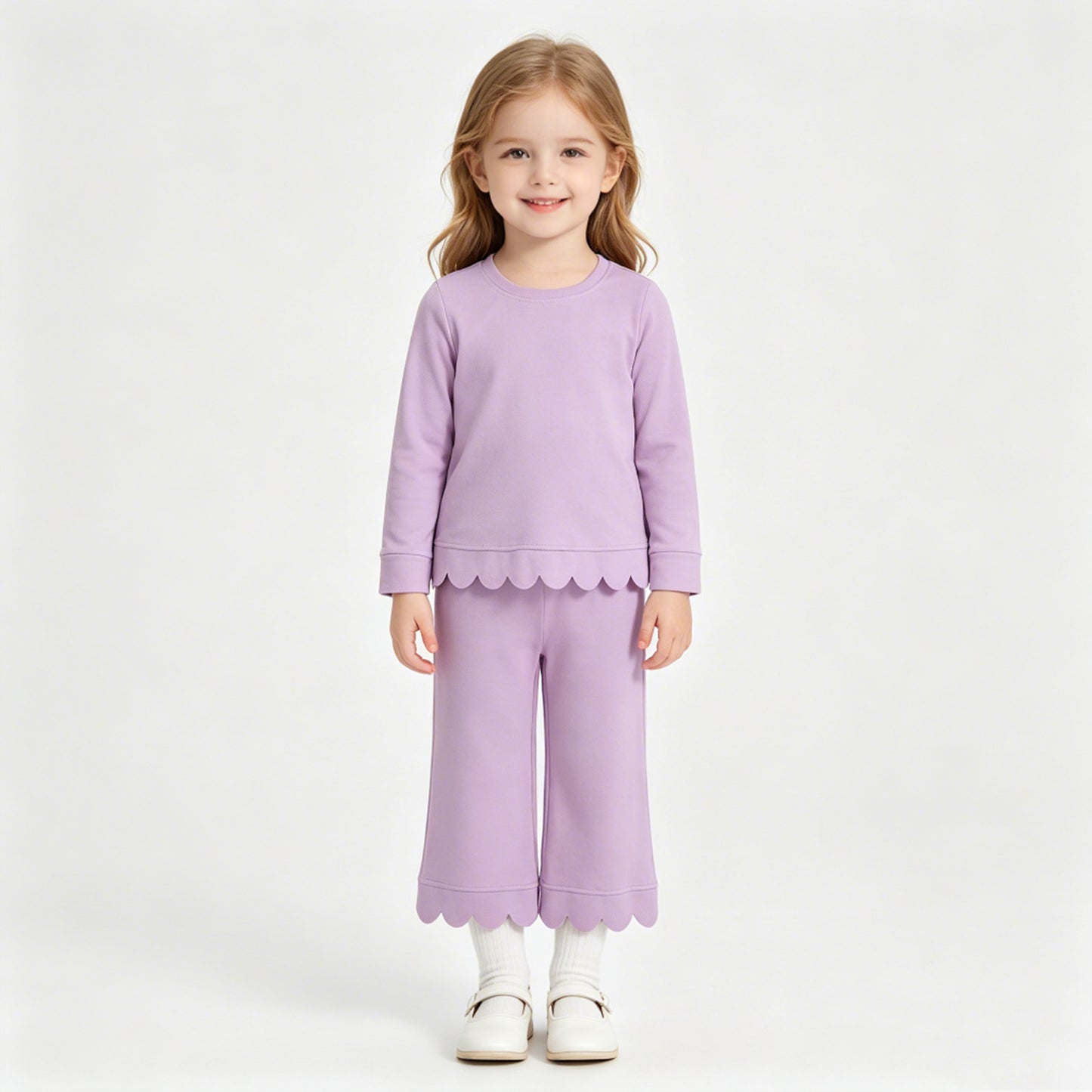 NEW RTS NO MOQ cotton GLP3289 Baby Girls Lavender Long Sleeve Top Pants Scallop Pajamas Clothes Sets