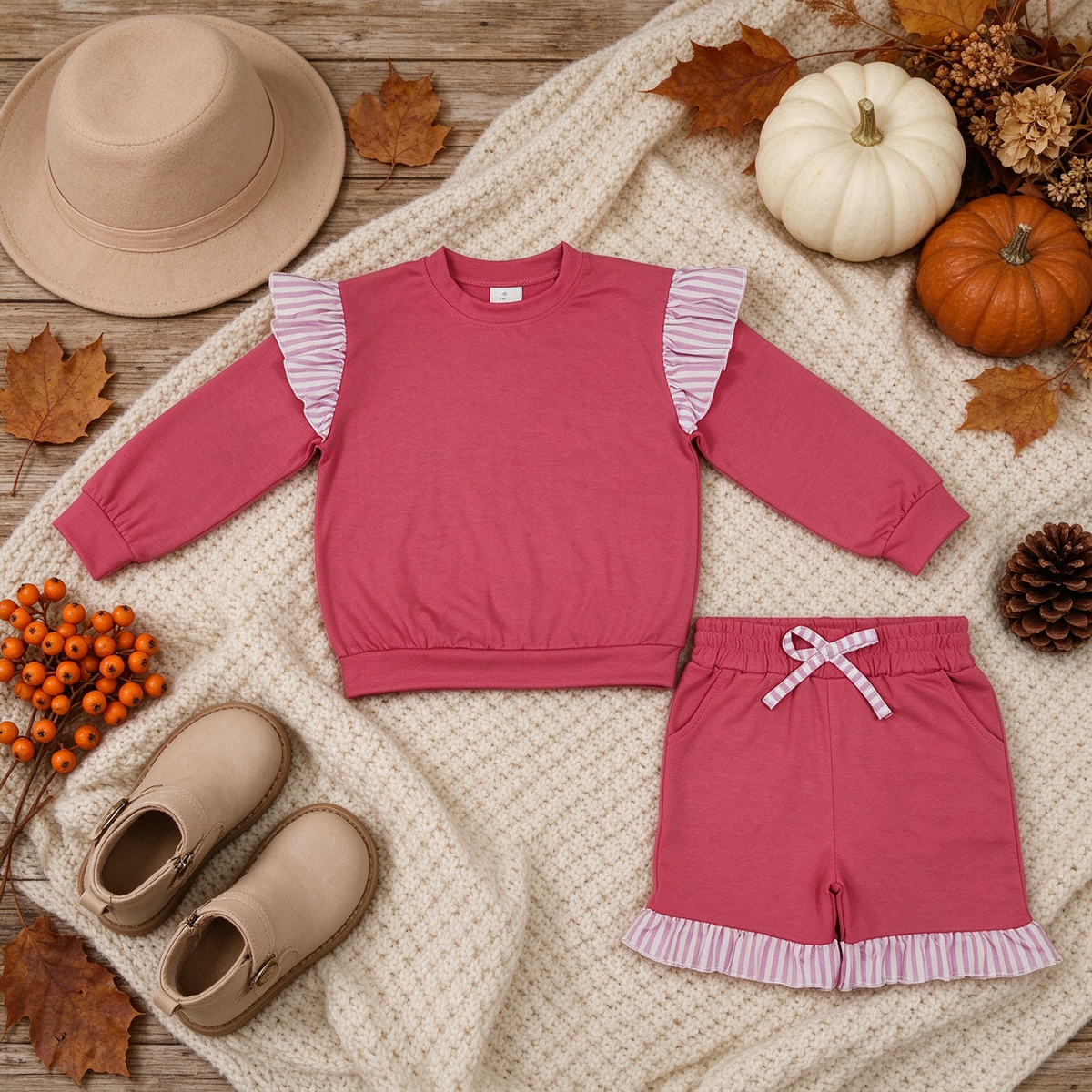 NEW RTS NO MOQ milk silk GLS0221（GT1848+SS1001）Baby Girls Watermelon Red Stripe Flutter Sleeve Top Pockets Ruffle Short Set