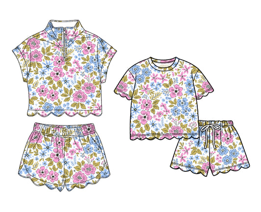 3.16 Custom moq 5 mix size Sibling Baby Girls Scallop Flowers Top And Shorts Camo Outfit Set Cute Baby Girl Clothing Set