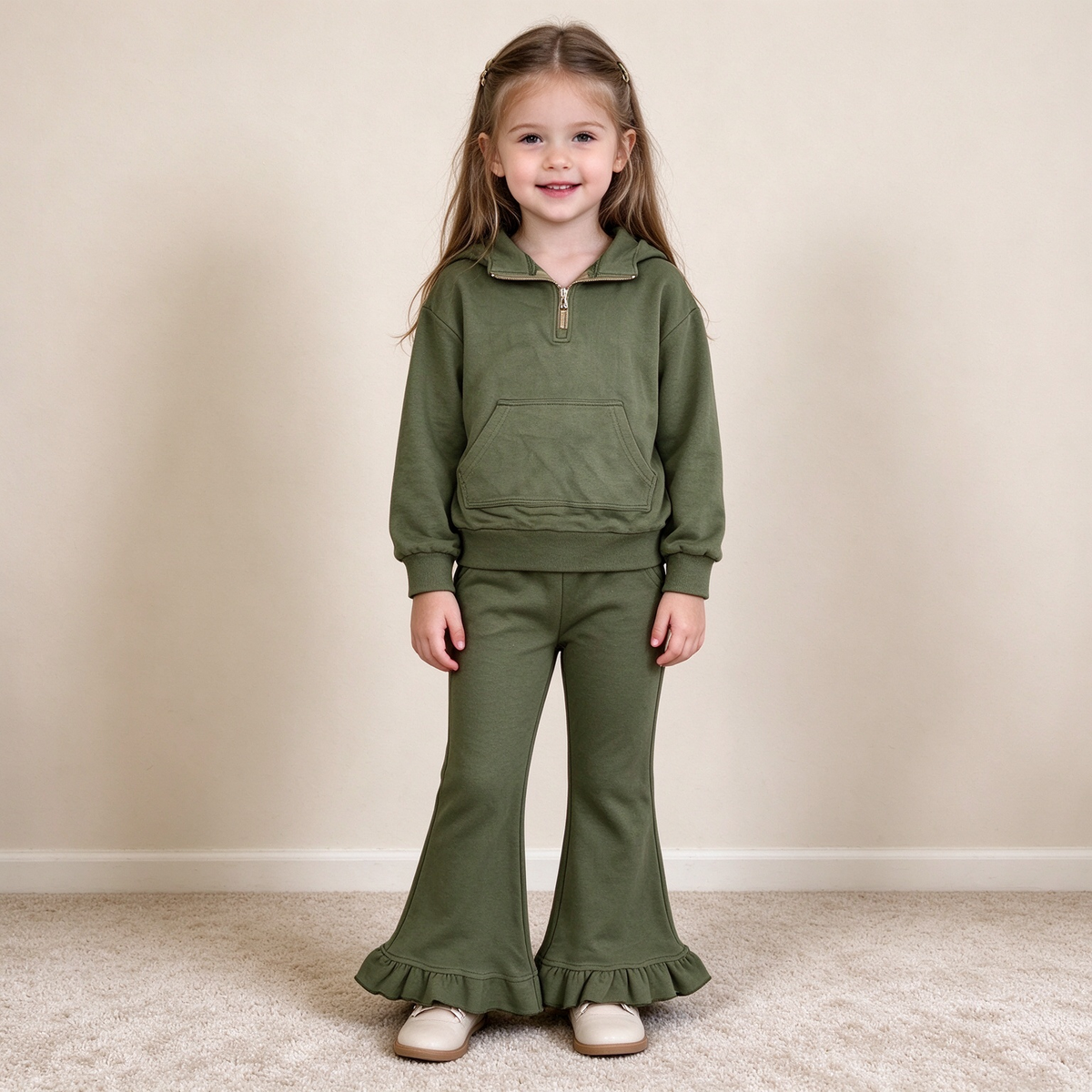 NEW RTS NO MOQ fleece GLP3489（GT1767+P1075）Baby Girls Olive Zip Pockets Top Ruffle Flare Pant Sweater Clothes Set Cute Casual Outfit