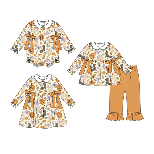 25.7.21 custom each style moq 5eta 4-6week Sibling Sisters pumpkin baby girl long sleeve pants sets and dress and rompers match family design