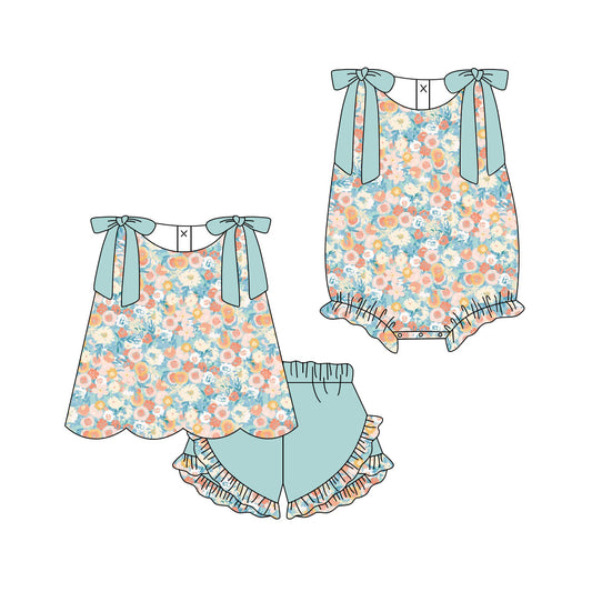 3.12 Custom moq 5 mix size Sibling Baby Girls Sleeveless Flowers  Top And Green Ruffle Shorts Set Matching Romper Outfit