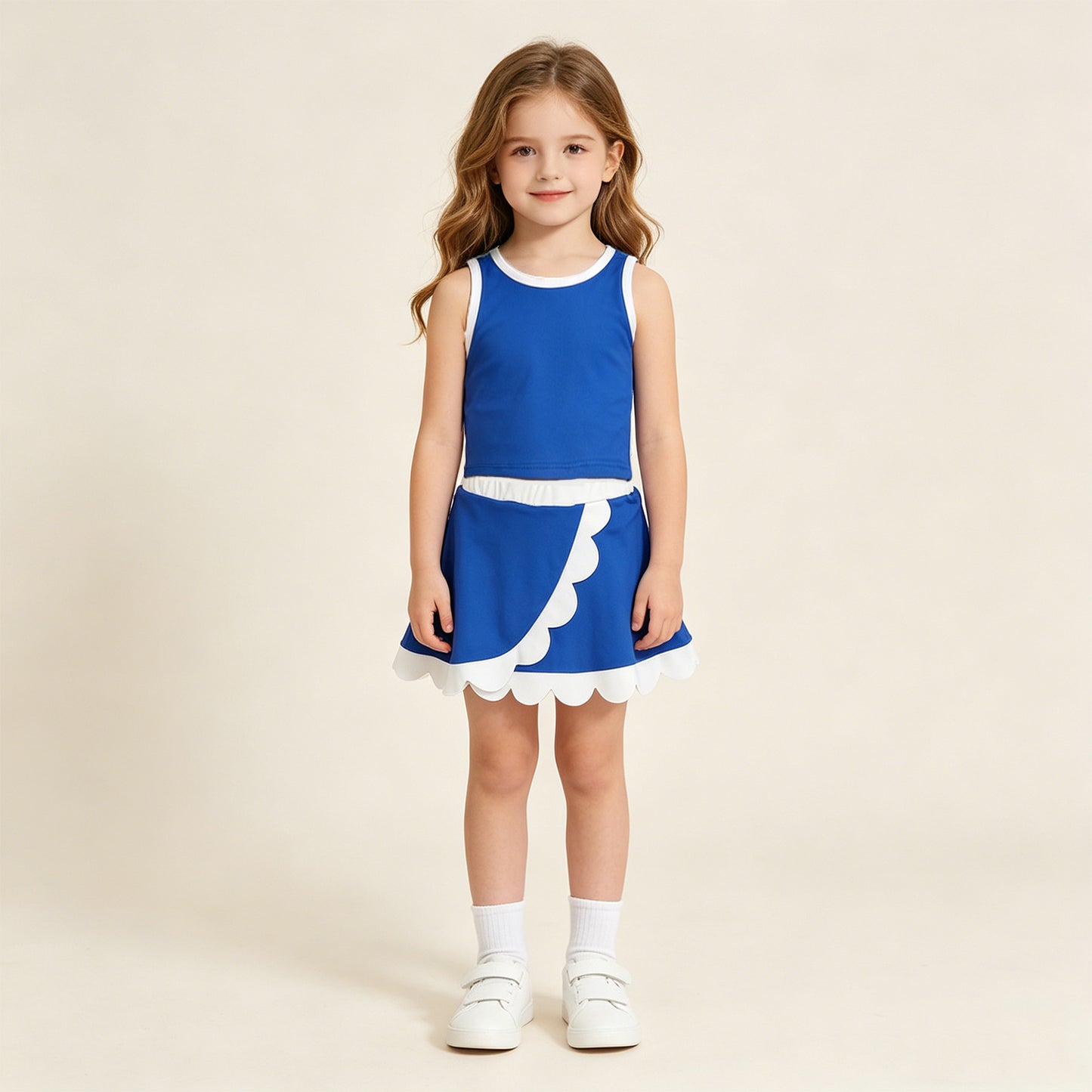 RTS NO MOQ yoga fabric cotton GSD4023 Baby Girls Yoga Active Blue White Vest Scallop Skirt Clothes Set