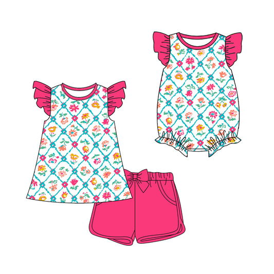 3.25 Custom moq 5 mix size Sibling Baby Girl's Flowers Flutter Sleeve Top And Shorts Set Cute Romper Dress for Summer