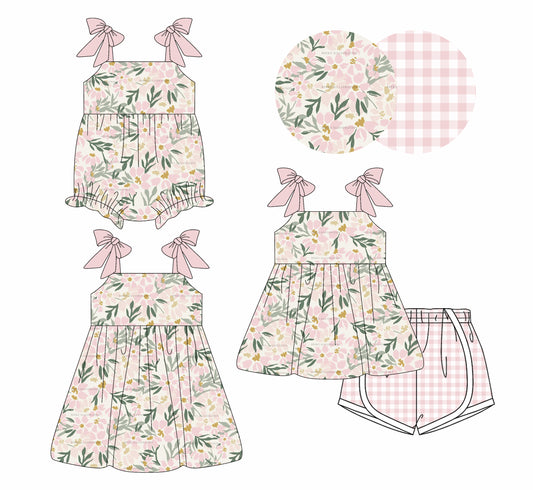4.3 custom each style moq 5eta 4-6week Sibling Sisters floral baby girl short sleeve shorts sets and dress and rompers match family design