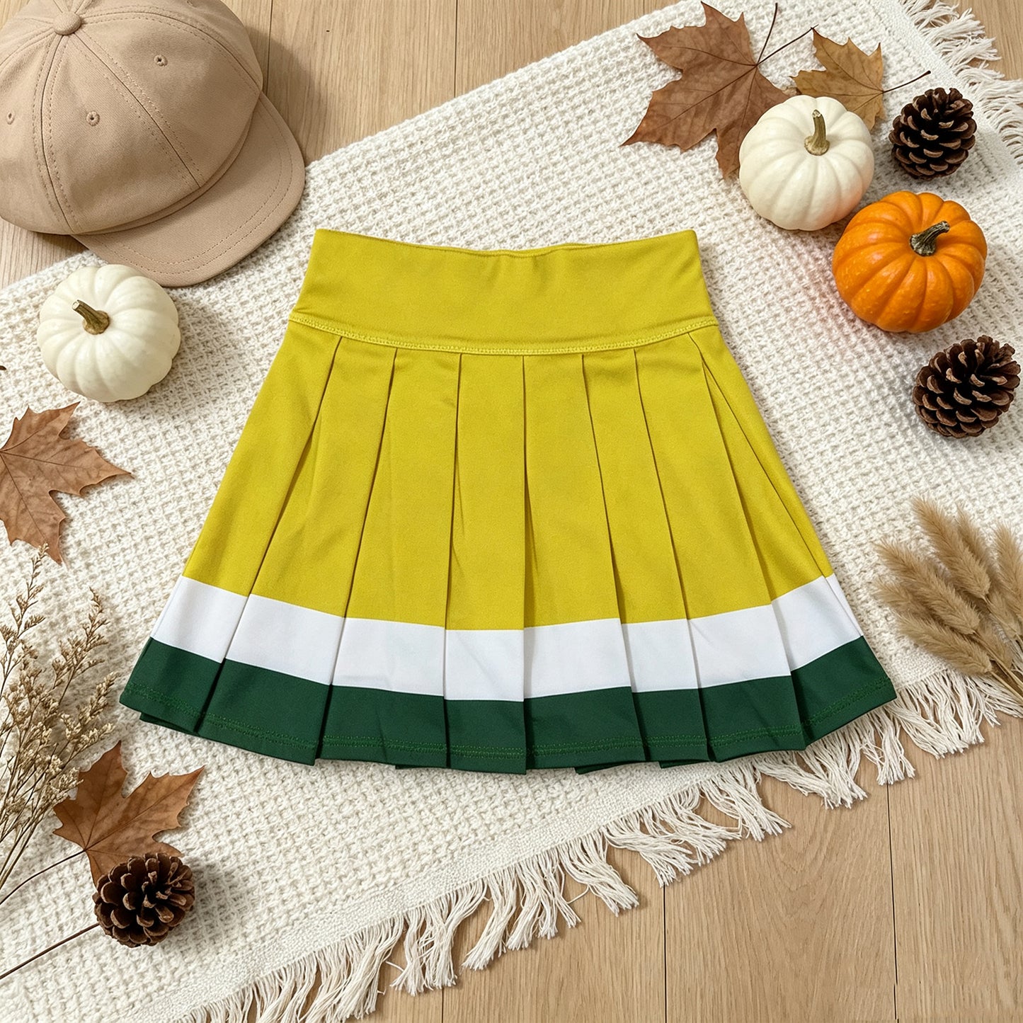 NEW RTS NO MOQ yoga fabric cotton GLK0319 Yoga Baby Girls Yellow Green Stripes Pleated Skort Yoga Casual Bottoms