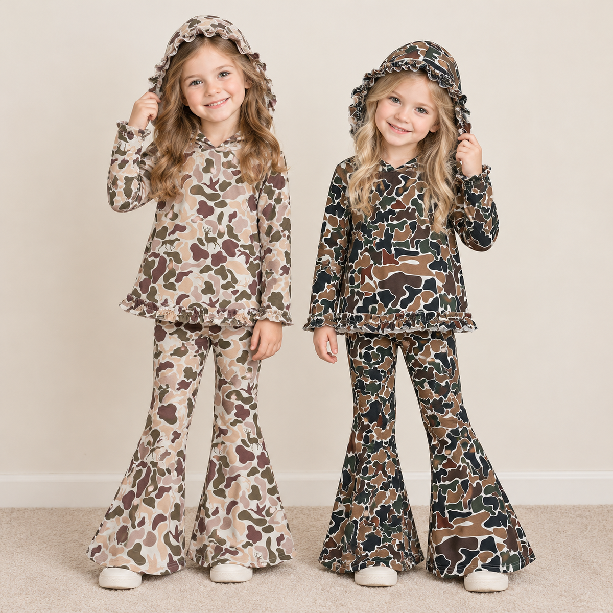 RTS NO MOQ Sibling milk silk Baby Girls Camo Deer Print Ruffle Hooded Top Bell Bottom Pants Clothes Set