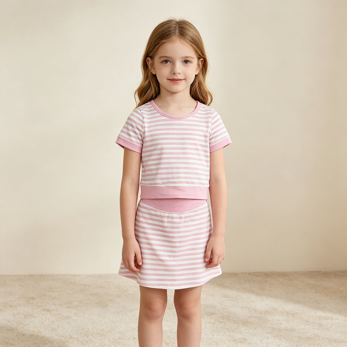 NEW RTS NO MOQ yoga fabric GSD4159 Yoga Baby Girls Light Pink Stripe Print Top Skort Shorts Yoga Active Set