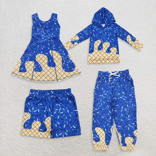 RTS NO MOQ Sibling baby boys clothes ice cream blue long sleeve top and yoga pants and sets and dress and shorts