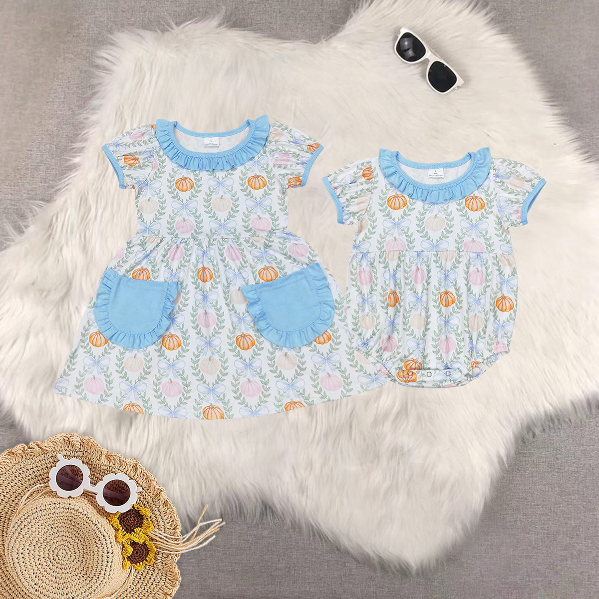 RTS Sibling baby girls halloween Short Sleeve dress rompers