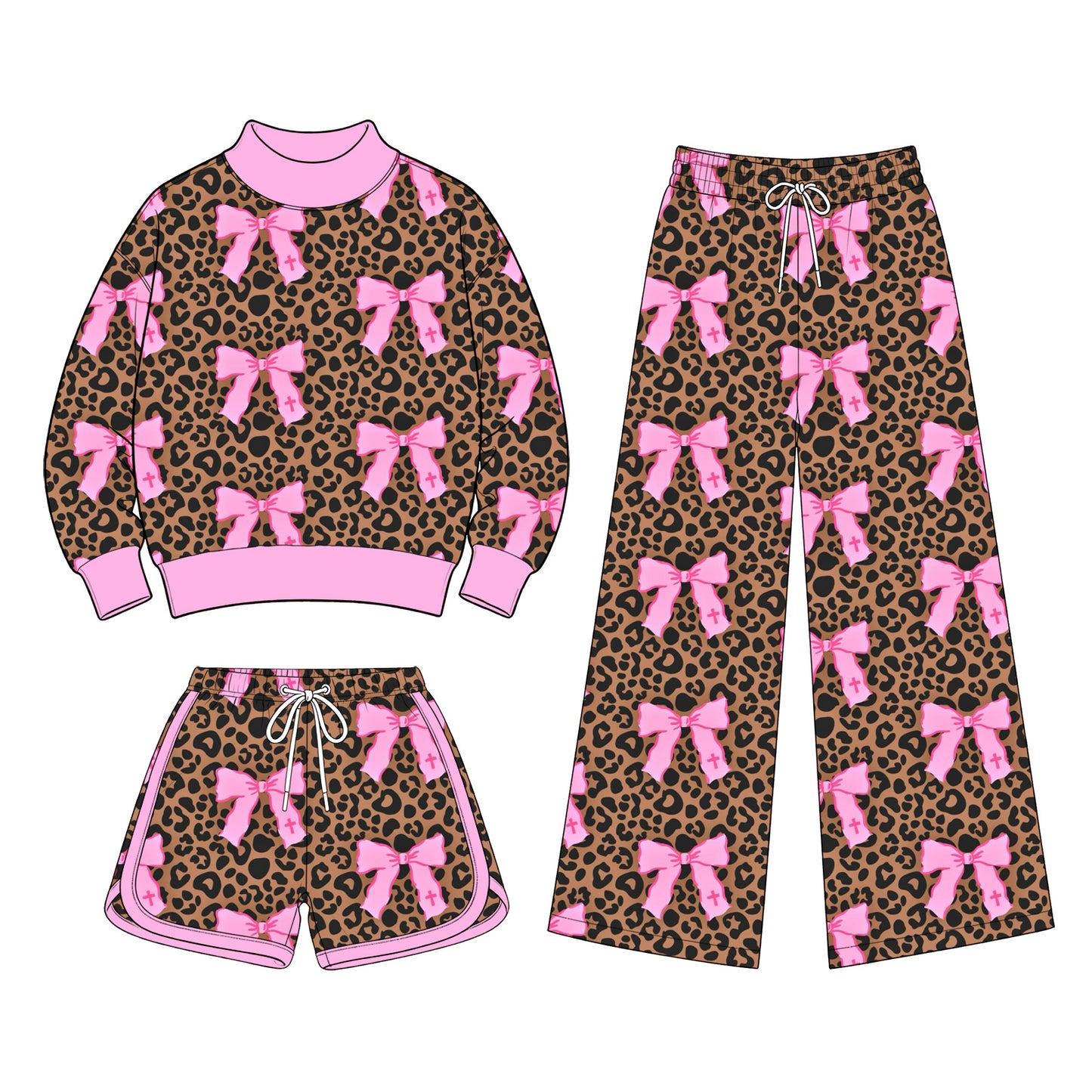 (Preorder new) No moq Adult And Kids Leopard Pink Bow Matching Outfit Set Pants
