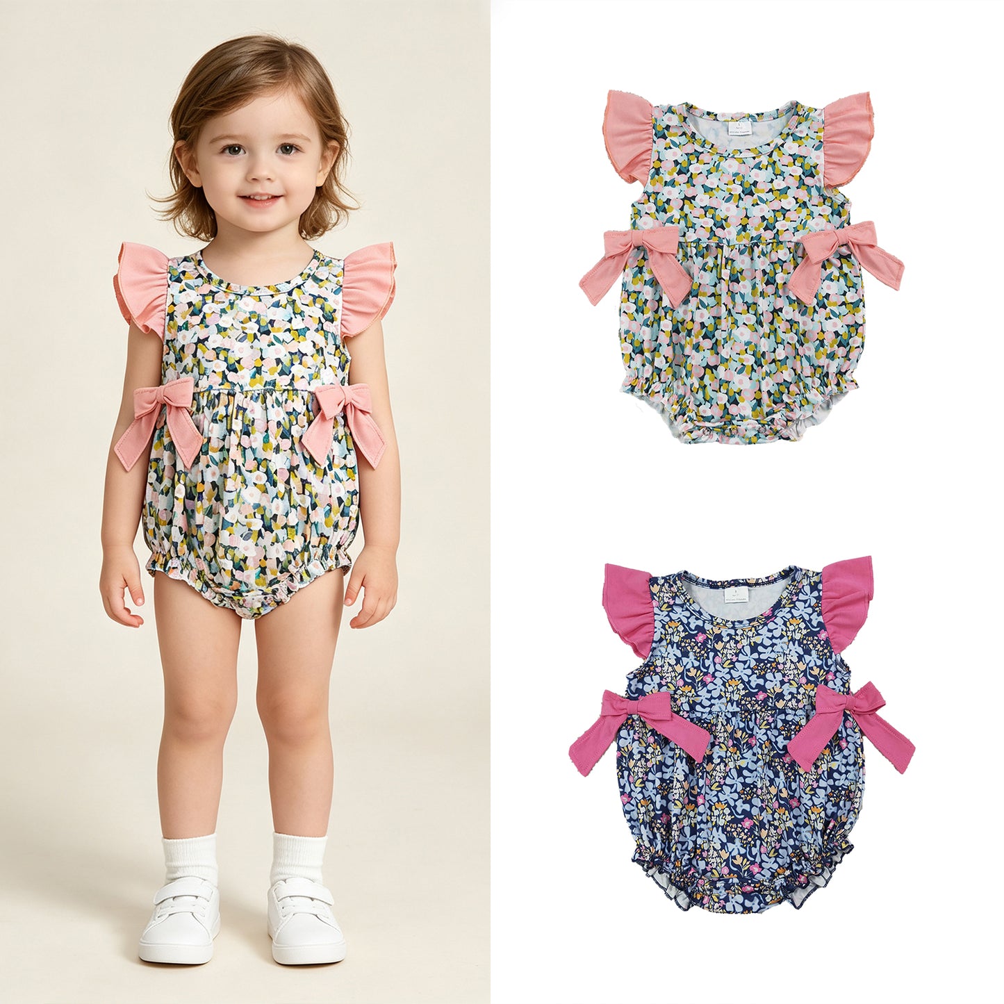 RTS NO MOQ Sibling milk silk Baby Girls Colorful Floral Flutter Sleeve Ruffle Romper