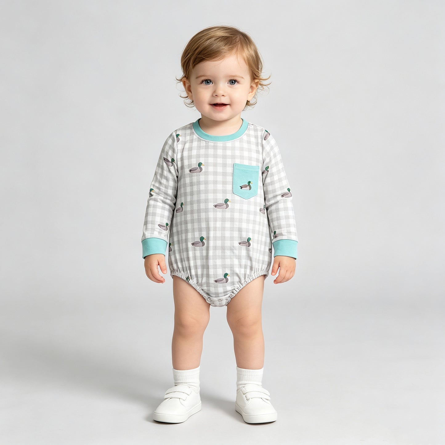 RTS NO MOQ milk silk LR3000 Embroidery Duck Pocket Baby Boys Long Sleeve Checked Hunting Rompers