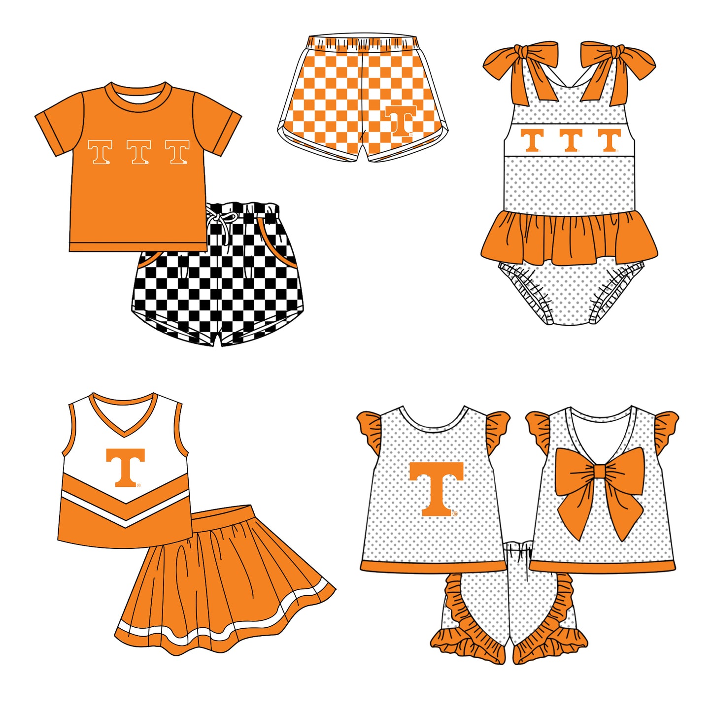 Custom moq 5 mix size milk silk summer teams Boy's Orange Short Sleeved Top Plaid Shorts Set Girl's Short-Sleeved Set with Matching Swimsuits Adult Shorts