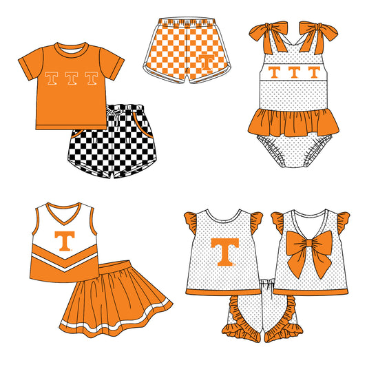 Custom moq 5 mix size milk silk summer teams Boy's Orange Short Sleeved Top Plaid Shorts Set Girl's Short-Sleeved Set with Matching Swimsuits Adult Shorts