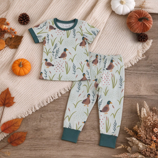NEW RTS NO MOQ milk silk BSPO0519 Baby Boys Ducks Green Short Sleeve Shirt Pants Pajamas Sets