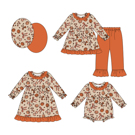 25.7.17 custom each style moq 5eta 4-6week Sibling Sisters pumpkin bow baby girl long sleeve pants sets and dress and rompers match family design