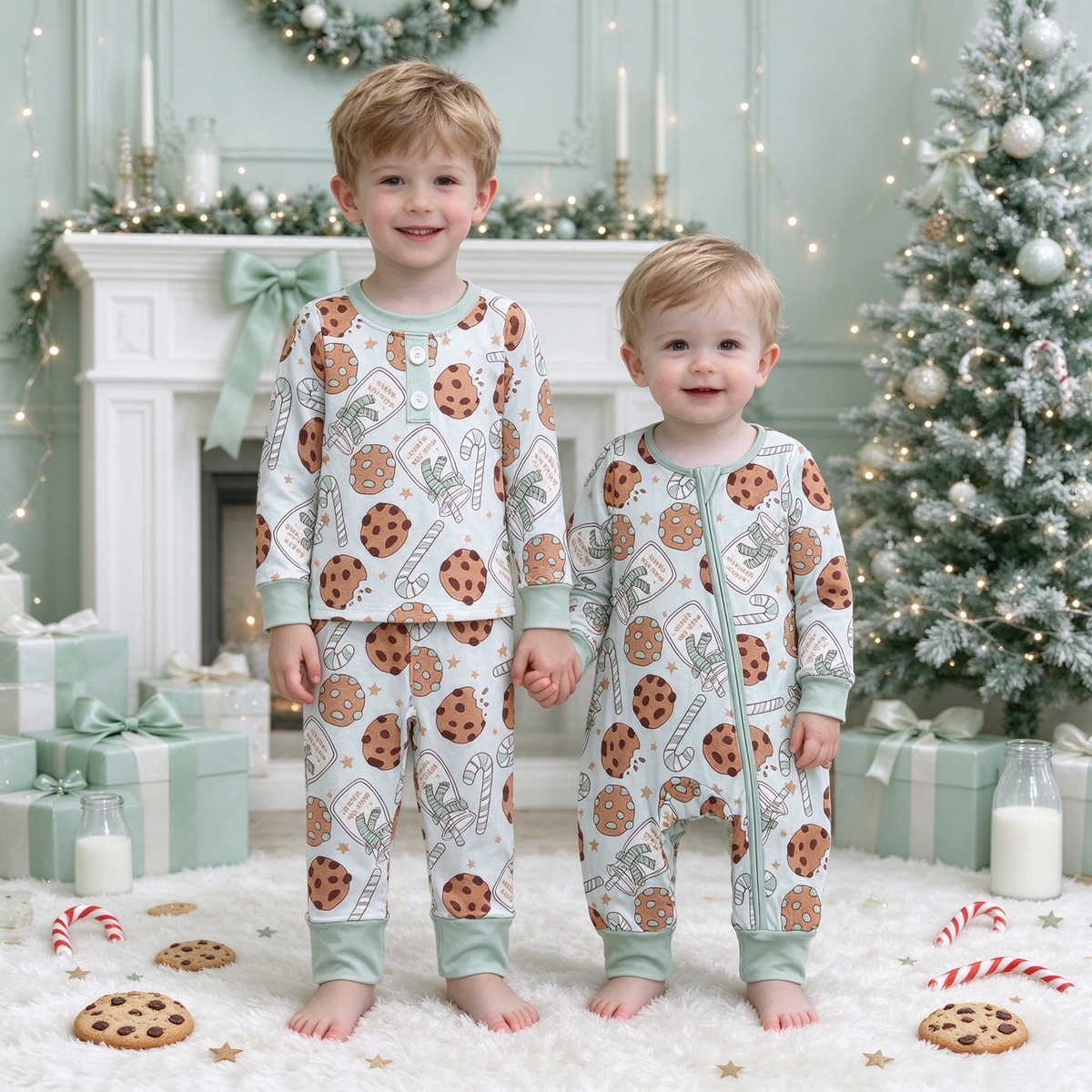 Baby Boys Milk & Cookies Christmas Collection - Zip Front Romper & Button Placket PJ Set