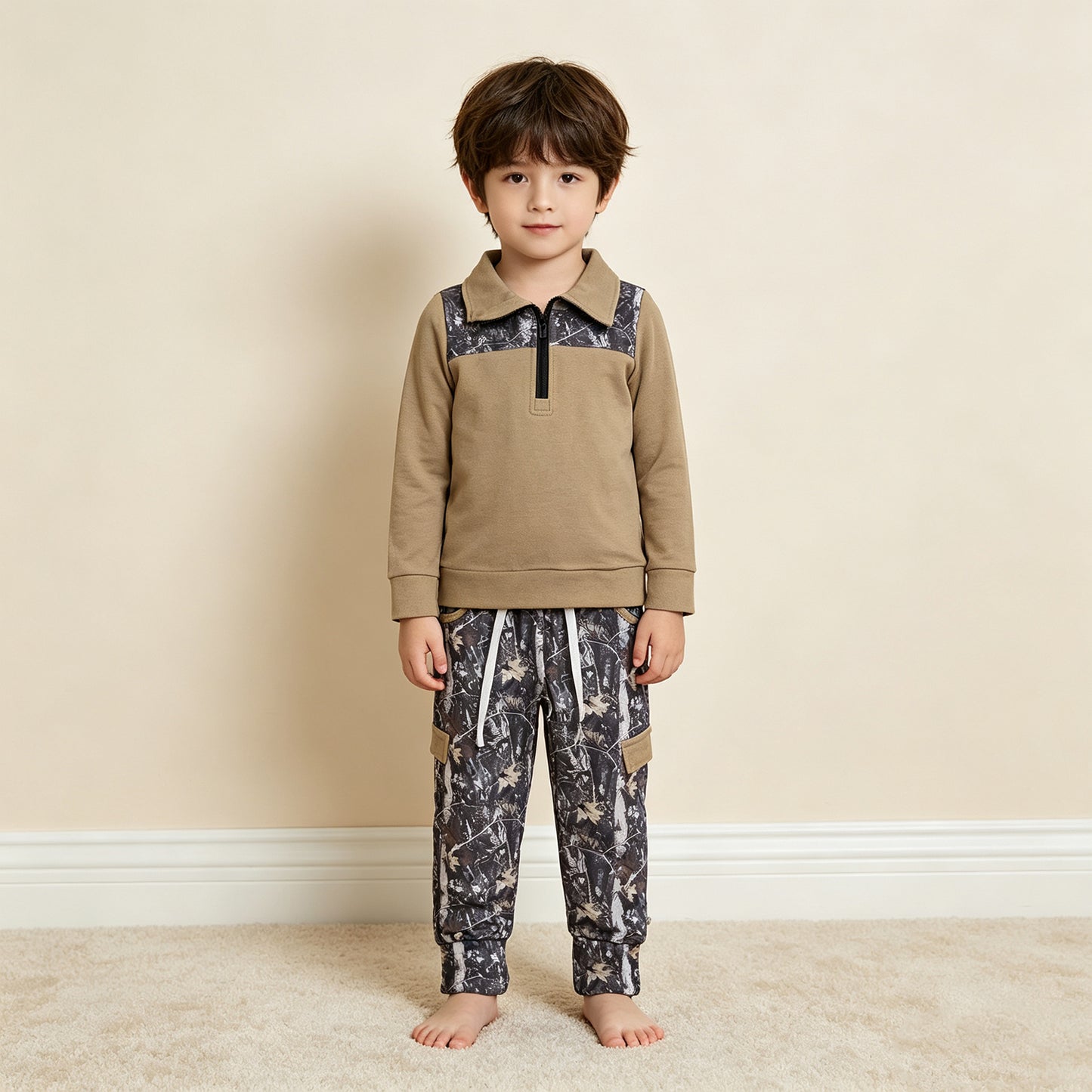 NEW RTS NO MOQ milk silk BLP1446 Baby Boys Camo Print Long Sleeve Zip Up Pullover Top Side Pocket Jogger Pants Set