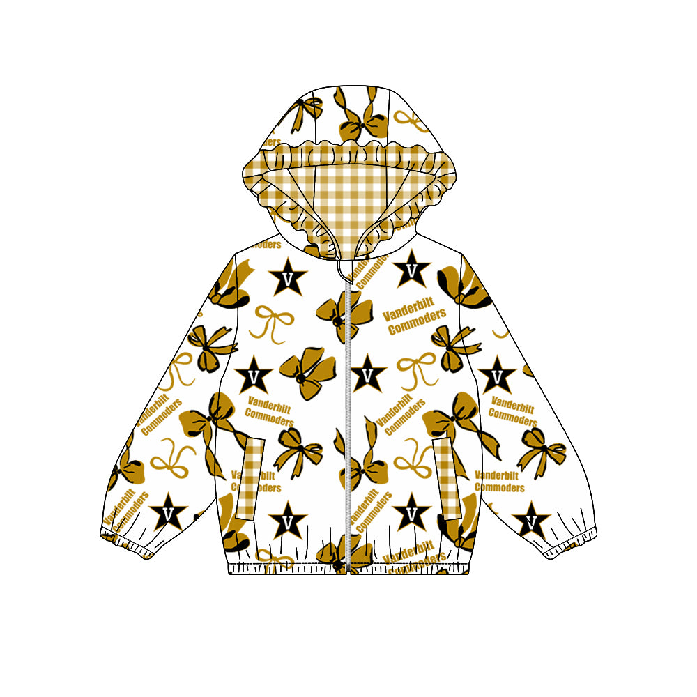 custom moq 5 mix size XFC070901 Baby Girls Bow Pocket Zip Team Print Long Sleeve Hoodie Casual Top