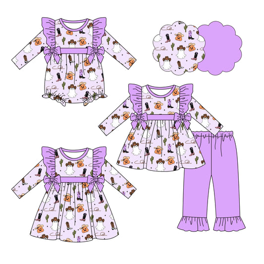 25.6.14 custom each style moq 5eta 4-6week Sibling Sisters pumpkin boots purple baby girl long sleeve pants sets and dress and rompers match family design