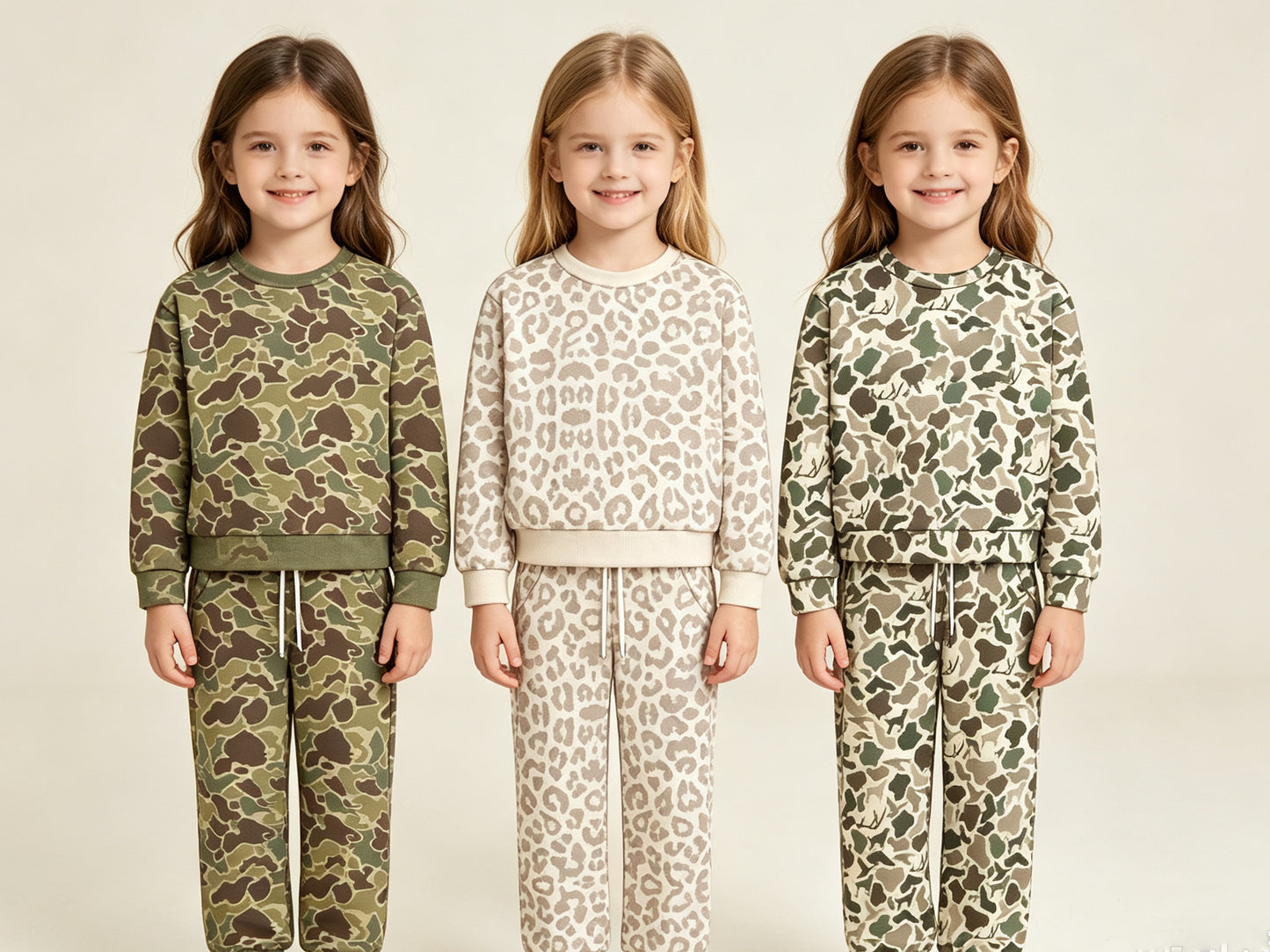 (Preorder new) No moq Baby Girls Camo Print Long Sleeve Crew Neck Top Drawstring Wide Leg Pant Casual Outfit
