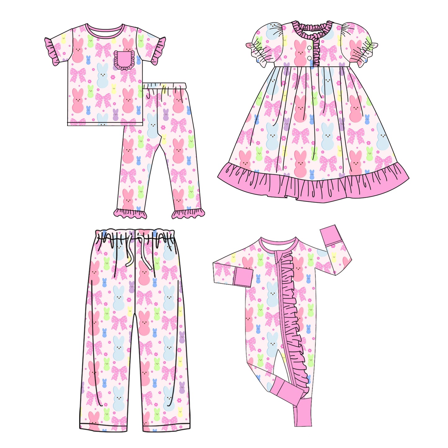 25.9.16 custom each style moq 5eta 4-8week Sibling Sister bunny bow baby short sleeve pants sets and romper and dress and adult pants match design