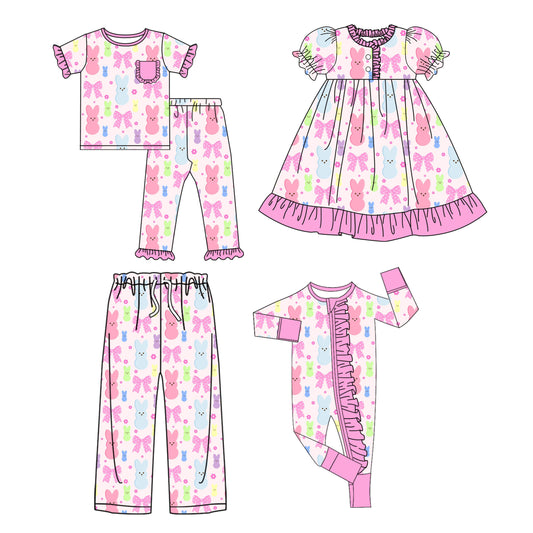 25.9.16 custom each style moq 5eta 4-8week Sibling Sister bunny bow baby short sleeve pants sets and romper and dress and adult pants match design