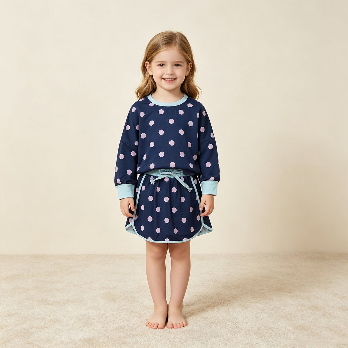 NEW RTS NO MOQ milk silk GLD1762 Baby Girls Navy Polka Dot Long Sleeve Top And Drawstring Skort Set