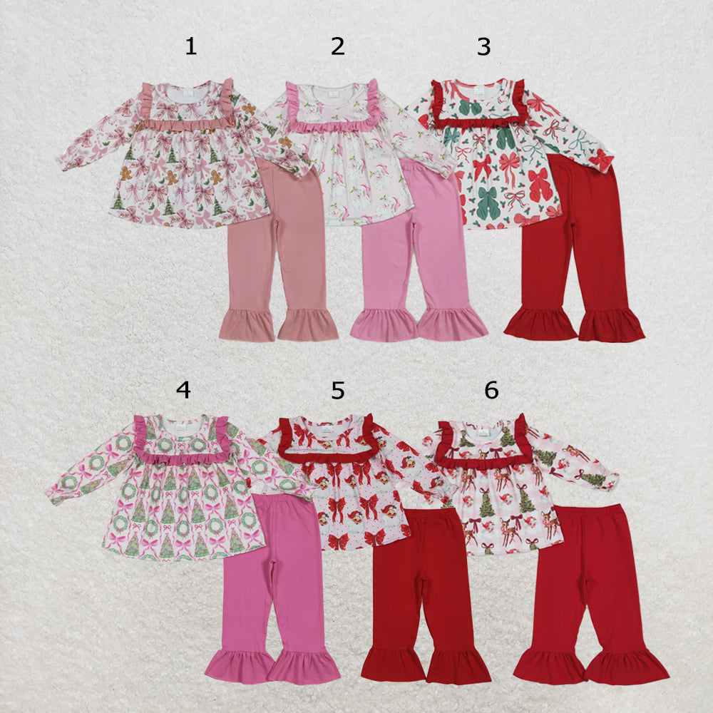 RTS NO MOQ Sibling milk silk Baby Girls Christmas Pink Santa Print Tunic Ruffle Pant Set