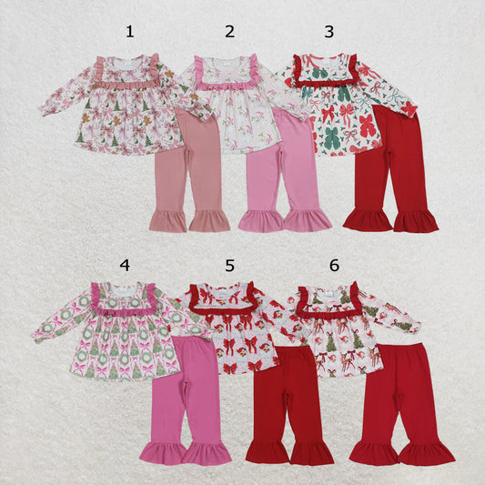 RTS NO MOQ Sibling milk silk Baby Girls Christmas Pink Santa Print Tunic Ruffle Pant Set