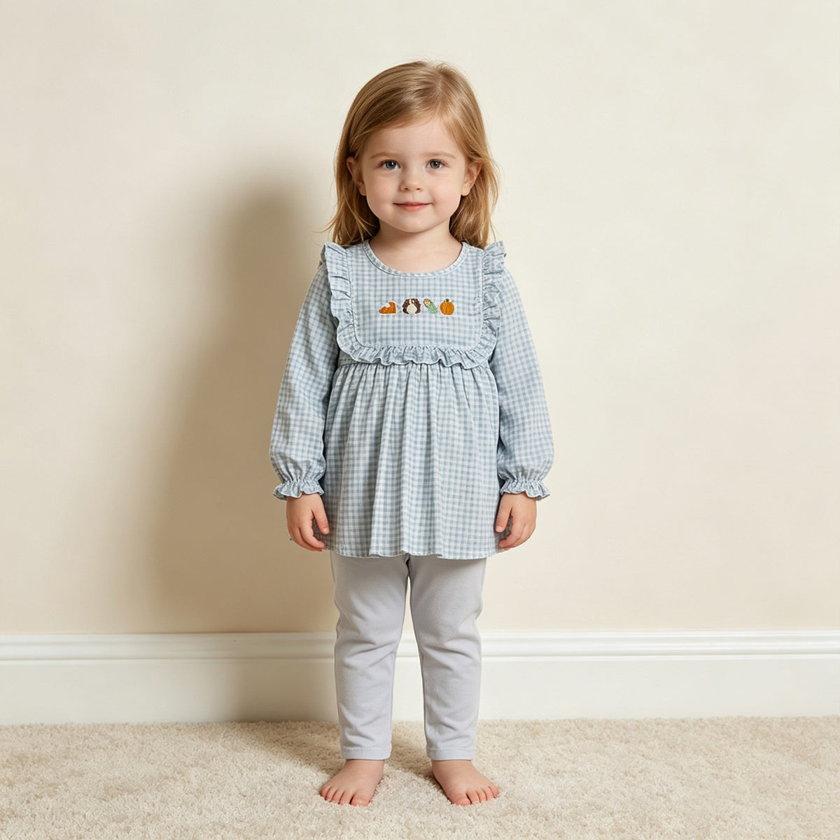 NEW RTS NO MOQ milk silk GLP3409 Embroidery Turkey Pumpkins Baby Girls Cute Tunic Leggings Thanksgivings Set