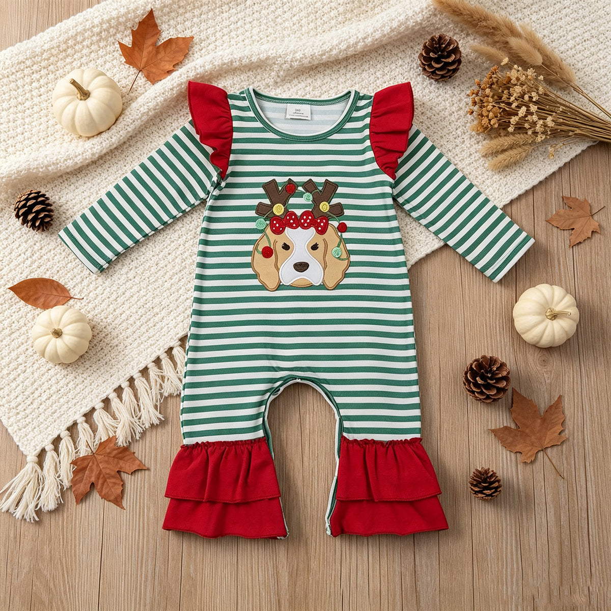 NEW RTS NO MOQ milk silk LR3145 Embroidery Baby Girls Green Stripe Light Dog Print Ruffle Romper