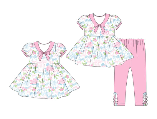 25.10.9 custom each style moq 8 eta 6-8week Sibling Sisters floral bow baby girl short sleeve pants sets and dress match family design