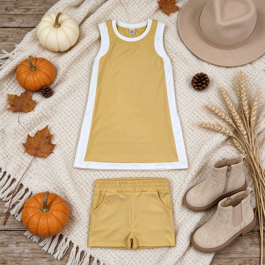 NEW RTS NO MOQ yoga fabric cotton GSD4254+SS0959 Yoga Separate Shorts Baby Girls Yellow Sleeveless Top Split Hem Short Yoga Skirt Set