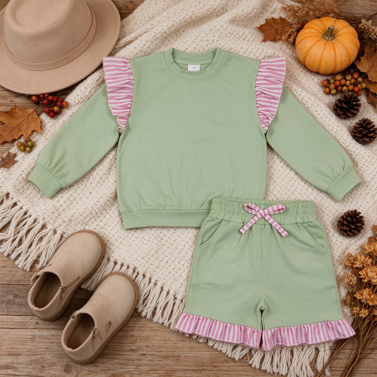 NEW RTS NO MOQ milk silk GLS0220（GT1847+SS1000）Baby Girls Light Green Stripe Flutter Sleeve Top Pockets Ruffle Short Clothes Set