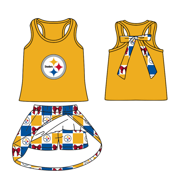 Custom moq 5 mix size milk silk summer teams Checked Baby Girl Yellow Sleeveless Top Skirt Short Set Dress And Shorts Yoga Outfit Boy's Top Shorts Set Romper