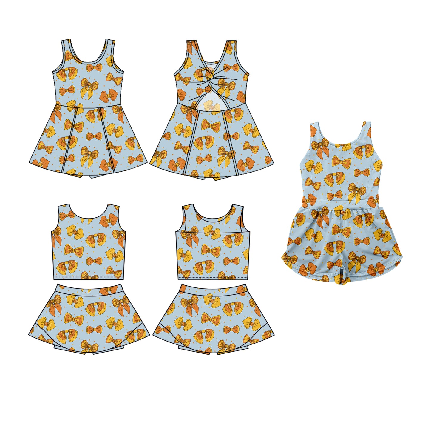 3.20 custom each style moq 5eta 4-6week Sibling Sister bow baby girls clothes Short sleeve yoga dress 1 and dress 2 and jumpsuit match family design