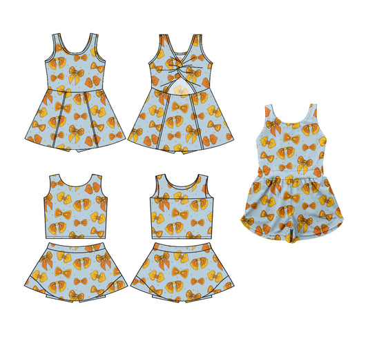 3.20 custom each style moq 5eta 4-6week Sibling Sister bow baby girls clothes Short sleeve yoga dress 1 and dress 2 and jumpsuit match family design