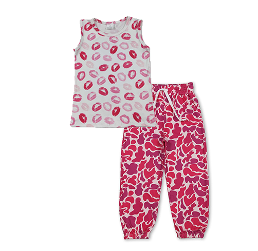 RTS NO MOQ milk silkGT1419+P0696 Baby Girls Sleeveless Pink Mouths Valentines Vest Tops andSouthern Hot Pink Camo Pockets Jogger Pant Bottoms