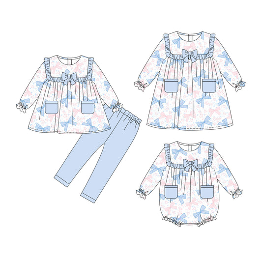 25.10.2 custom each style moq 8 eta 6-8week Sibling Sisters love bow baby girl long sleeve pants sets and dress and rompers match family design