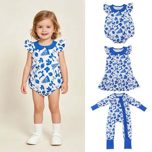 RTS NO MOQ Sibling milk silk Baby Girls Cute Flutter Sleeves Blue Cheer Bows Team Ruffle Dresses Rompers