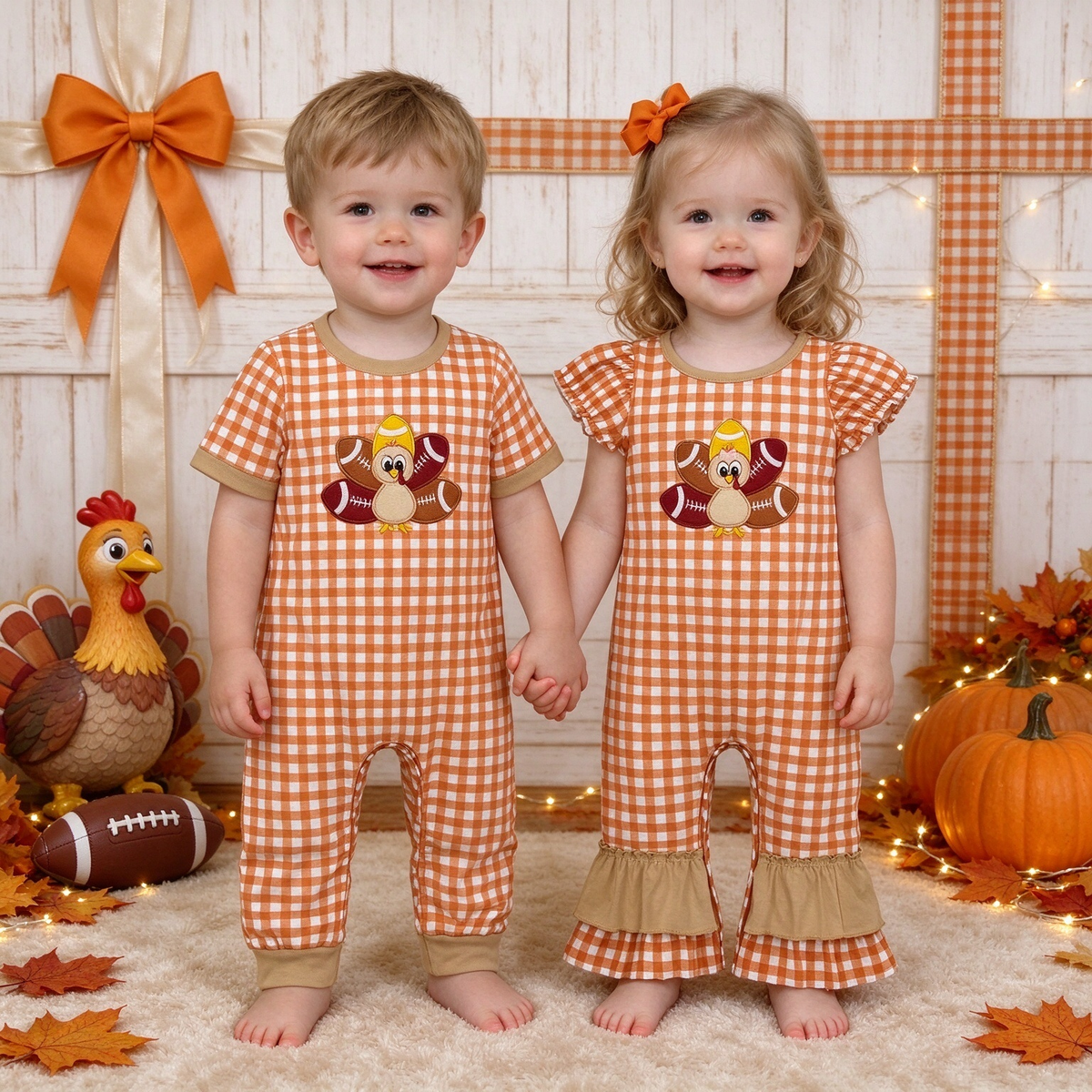 Baby Thanksgiving Football Turkey Orange Gingham Boy Romper & Girl Ruffle Romper Collection