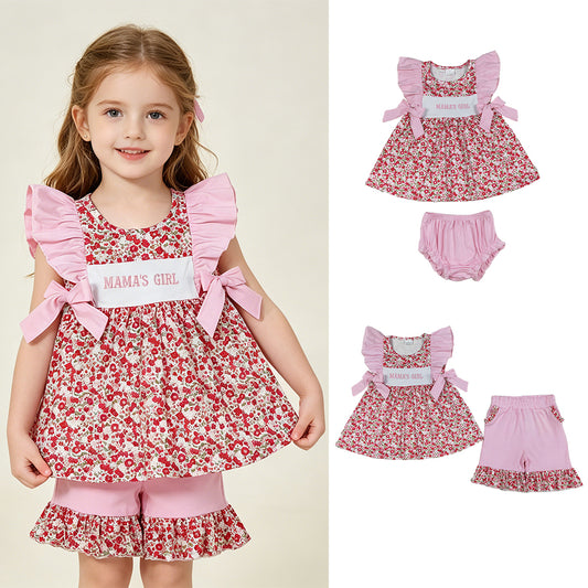 RTS NO MOQ Sibling Baby Girls Embroidery Mama's Girls Flowers Tunic with Pockets Ruffle Shorts Set