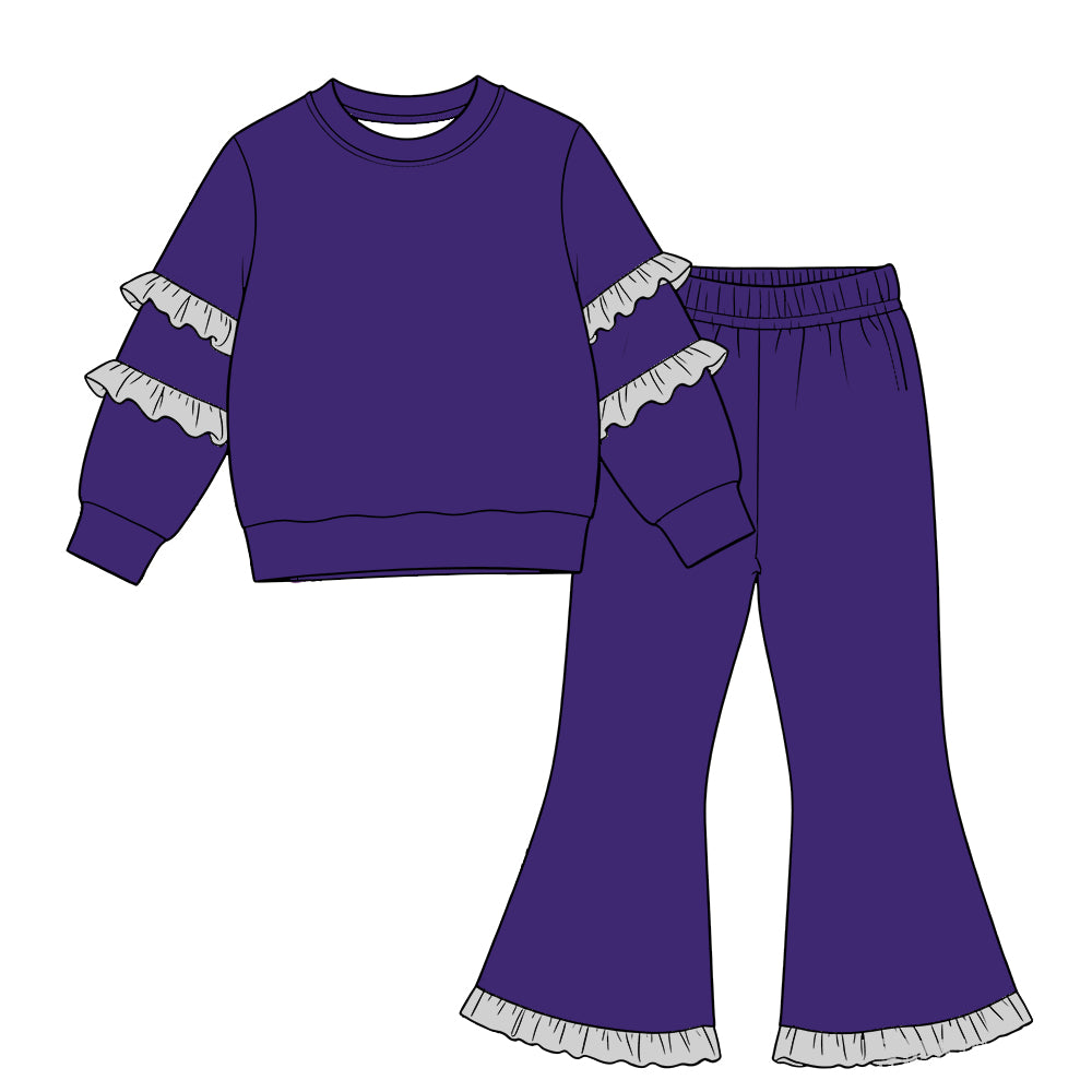 custom moq 5 cotton girls ruffle sets Baby girl's grey ruffled purple long-sleeve top and ruffled flared pants set