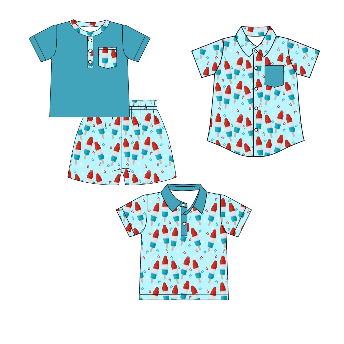 Custom moq 5 mix size Baby Boy blue Short-Sleeved Top And Shorts Set Polo Shirt button-down top with pockets 4th of July summer Outfit