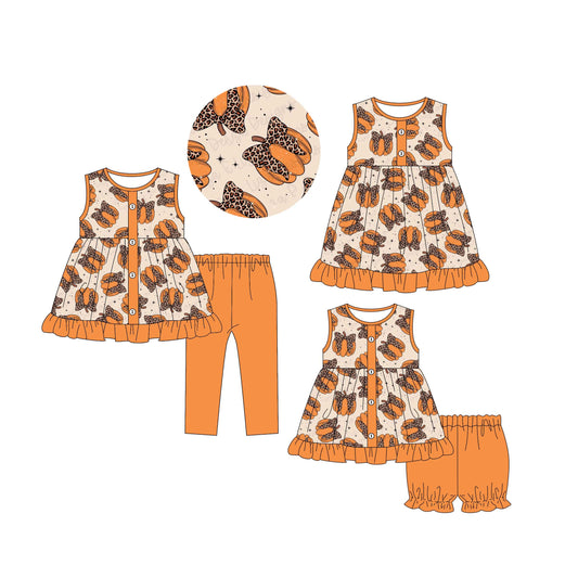 4.30 custom each style moq 5eta 4-6week Sibling Sisters pumpkin bow baby short sleeve shorts sets and pants sets and dress match family design
