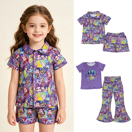 RTS NO MOQ Sibling Baby Girls Purple Top with Bell Bottom Pants Clothes Set Button Top Shorts Pajamas Sets