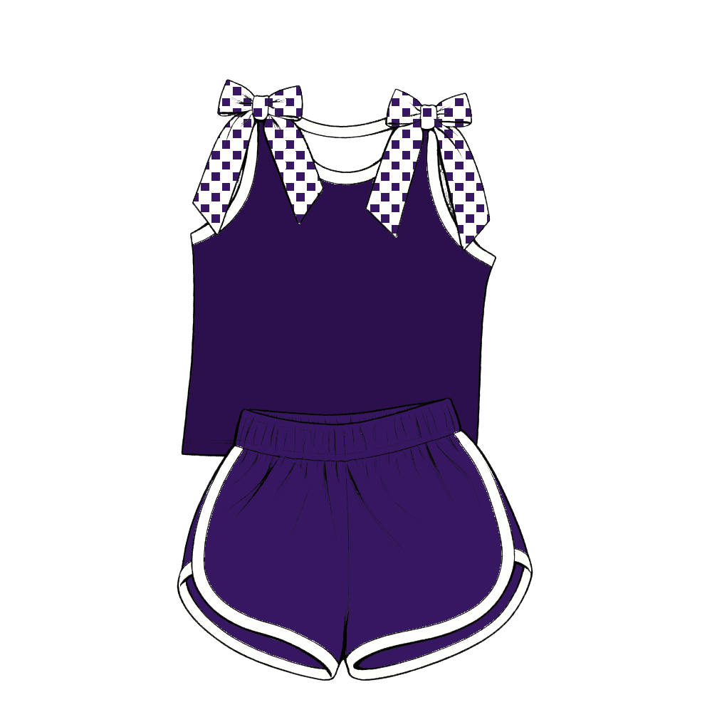 custom moq 5 mix size Baby Girls Purple Bow Sleeveless Top Shorts Summer Outfit Sets