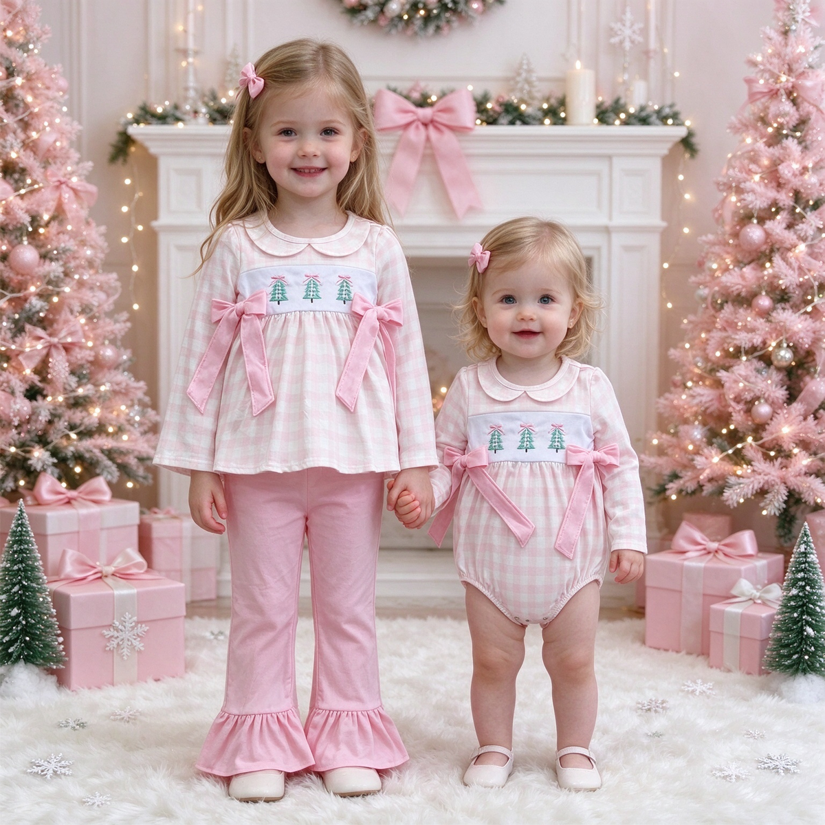 Girls Sweet Pink Checkered Christmas Tree Collection - Baby Bubble Romper & Toddler Ruffle Pant Set